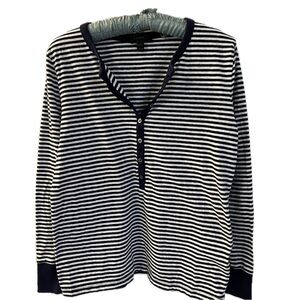 J. Crew blue and white striped long sleeved henley, size large.